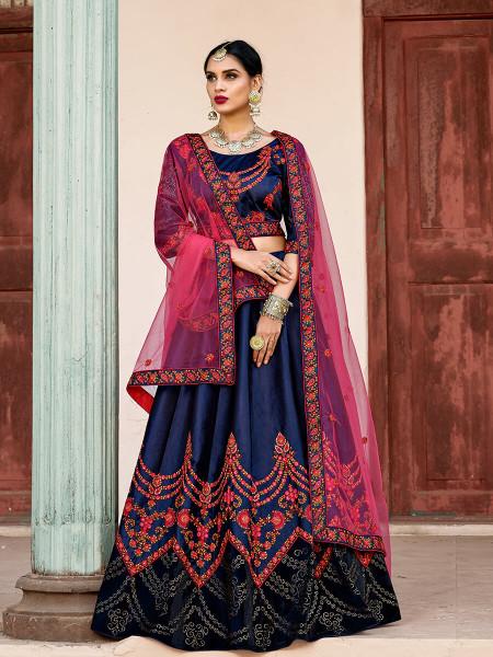 Women's  Navy Blue Satin Embroidered Lehenga