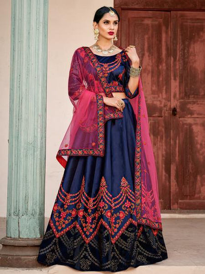 Women's  Navy Blue Satin Embroidered Lehenga