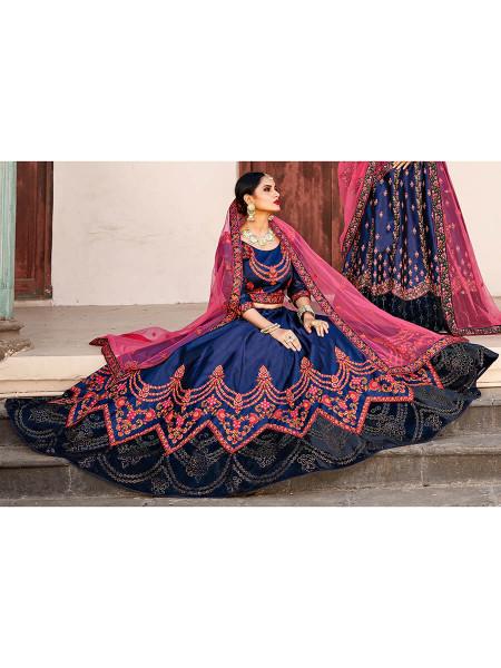 Women's  Navy Blue Satin Embroidered Lehenga