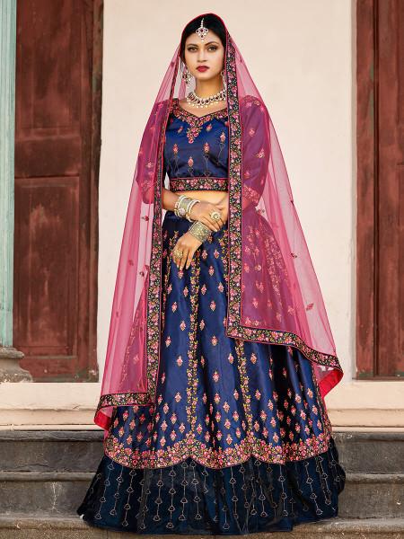 Women's  Navy Blue Satin Embroidered Lehenga