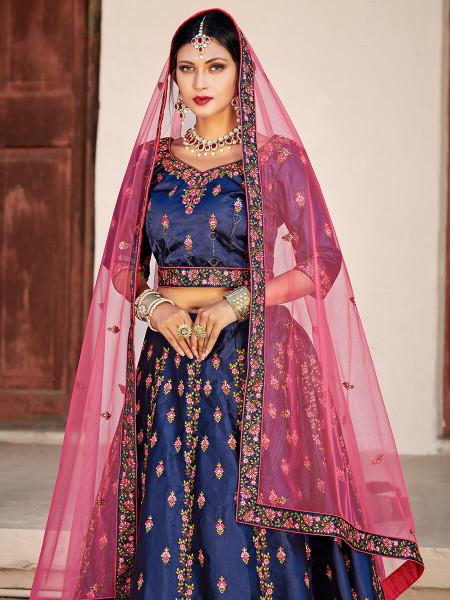 Women's  Navy Blue Satin Embroidered Lehenga