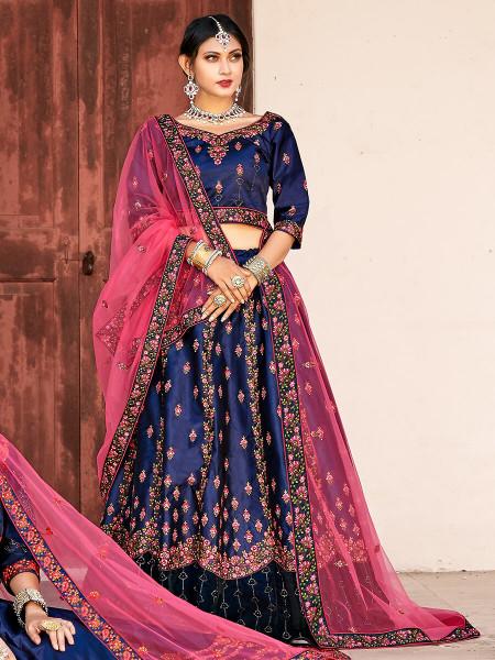 Women's  Navy Blue Satin Embroidered Lehenga