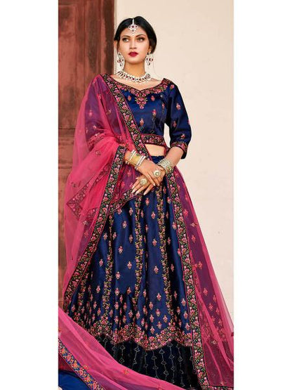 Women's  Navy Blue Satin Embroidered Lehenga