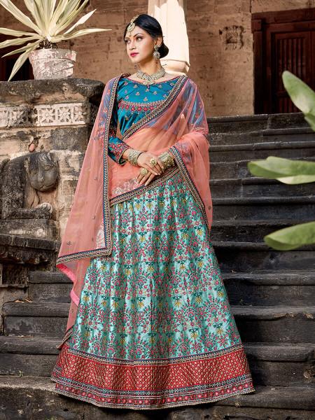 Women's  Skyblue Satin Embroidered Lehenga