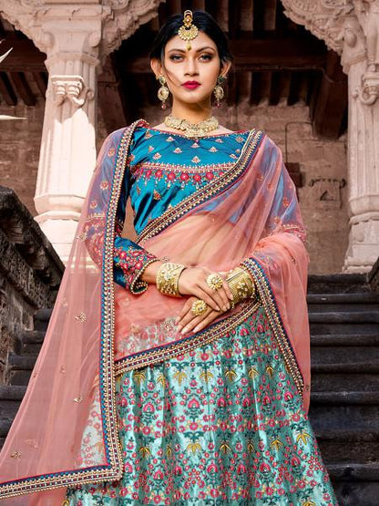 Women's  Skyblue Satin Embroidered Lehenga