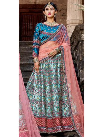 Women's  Skyblue Satin Embroidered Lehenga