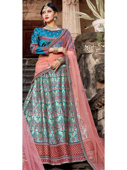 Women's  Skyblue Satin Embroidered Lehenga