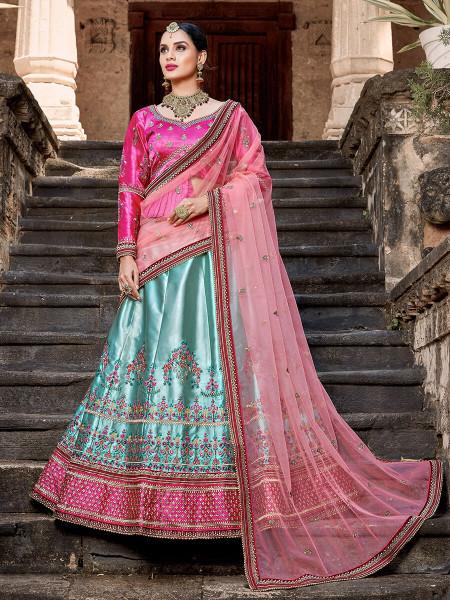 Women's  Skyblue Embroidered Lehenga