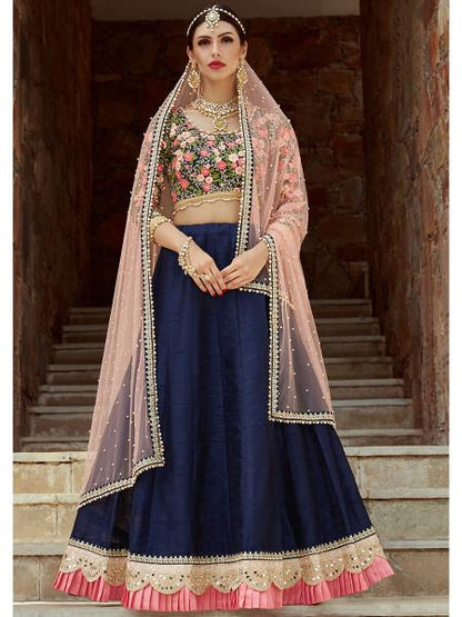 Women's  Navy Blue Art Silk Lahanga