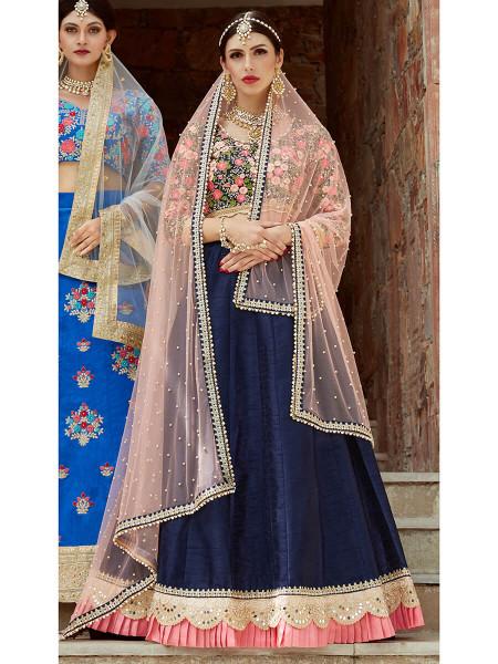 Women's  Navy Blue Art Silk Lahanga