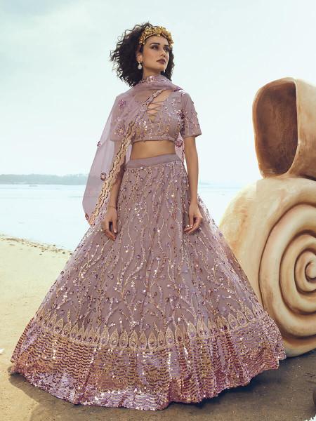 Women's  Lilac Embroidered Net Lehenga