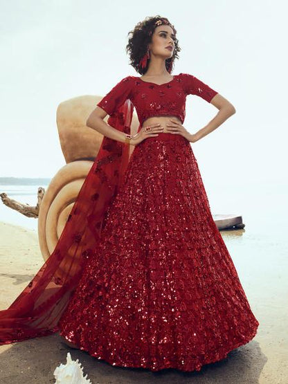 Women's  Red Embroidered Net Lehenga