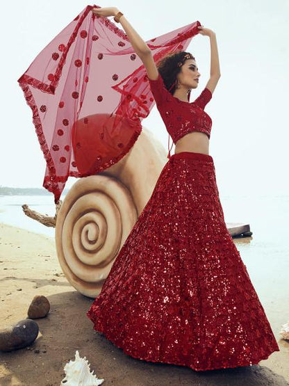 Women's  Red Embroidered Net Lehenga