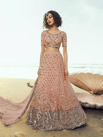 Women's  Peach Embroidered Net Lehenga