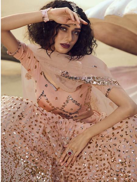 Women's  Peach Embroidered Net Lehenga