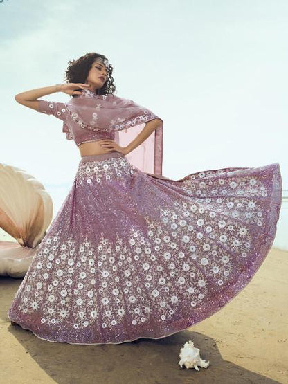 Women's  Lilac Embroidered Net Lehenga