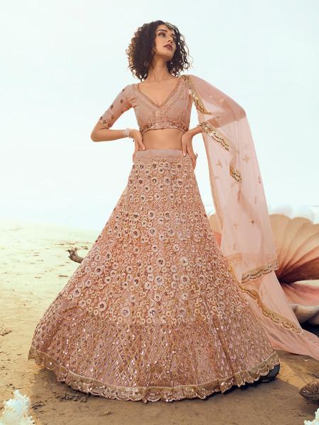 Women's  Peach Embroidered Net Lehenga