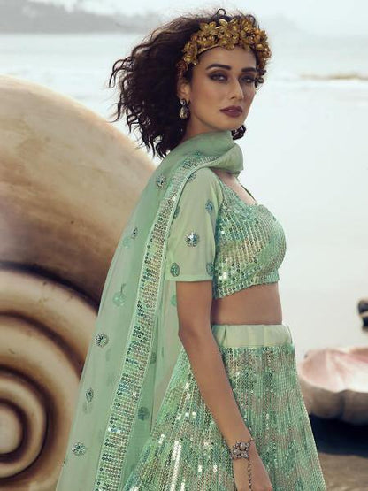 Women's  Green Embroidered Net Lehenga