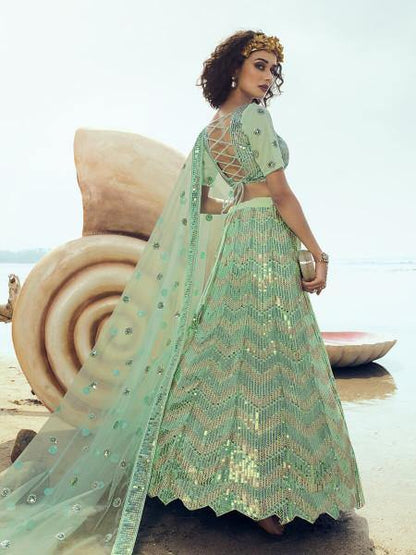 Women's  Green Embroidered Net Lehenga