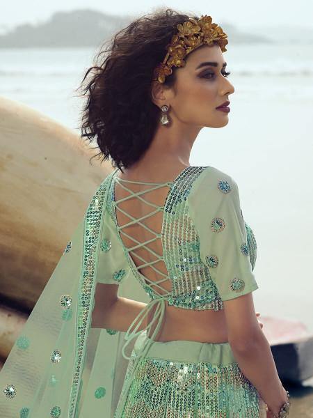 Women's  Green Embroidered Net Lehenga