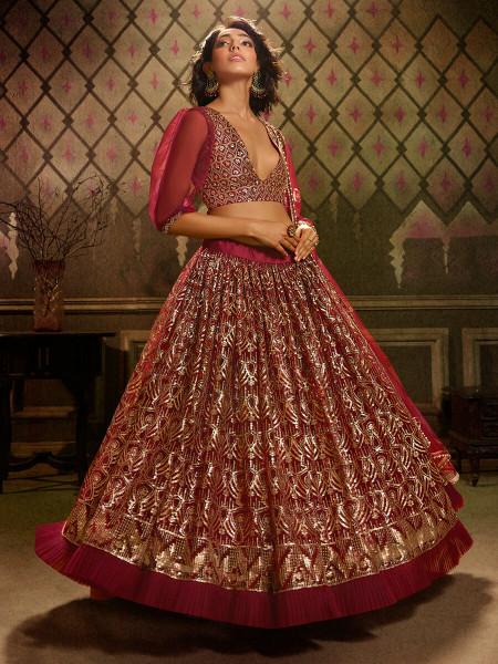 Women's  Maroon Embroidered Net Lehenga