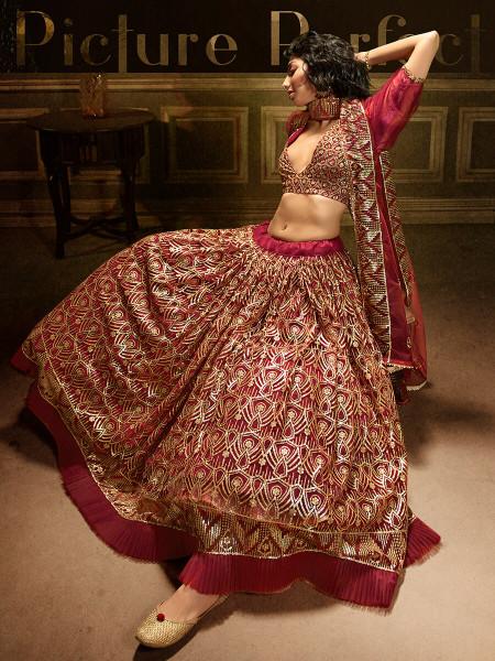 Women's  Maroon Embroidered Net Lehenga