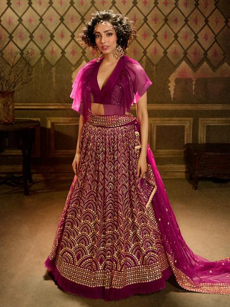 Women's  Wine Embroidered Net Lehenga