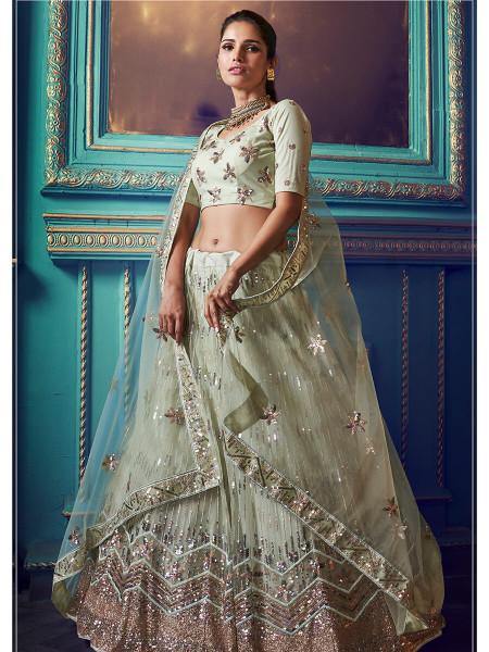 Women's  Green Heavy Embroidered Net Lehenga