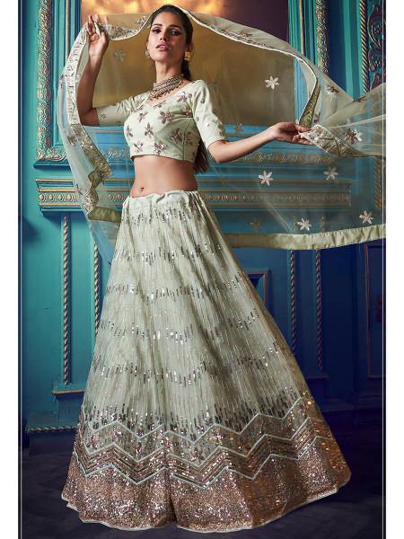 Women's  Green Heavy Embroidered Net Lehenga