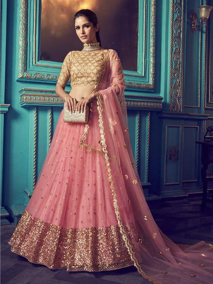 Women's  Pink Heavy Embroidered Net Lehenga