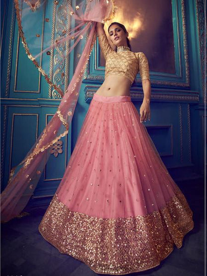 Women's  Pink Heavy Embroidered Net Lehenga