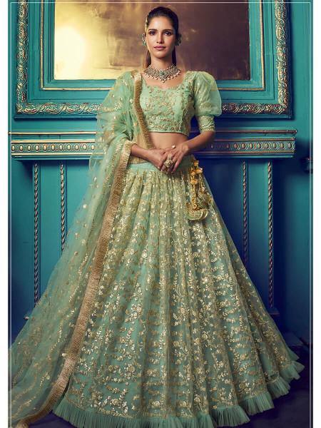 Women's  Green Heavy Embroidered Net Lehenga