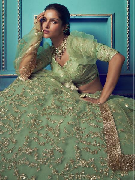 Women's  Green Heavy Embroidered Net Lehenga