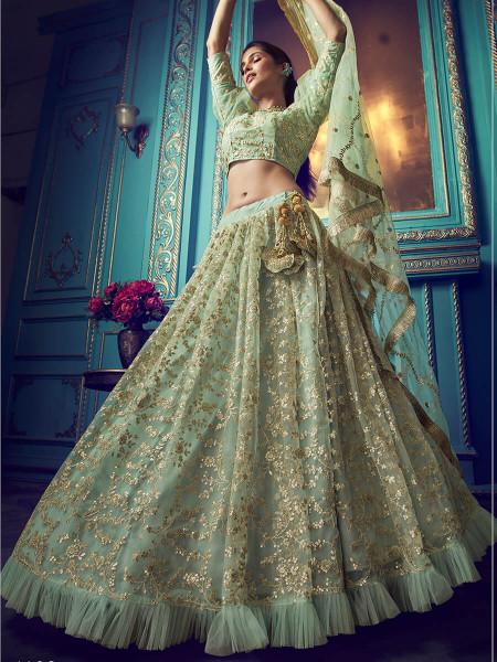 Women's  Green Heavy Embroidered Net Lehenga