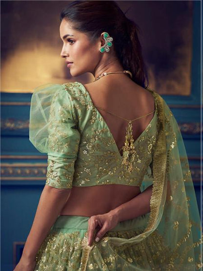 Women's  Green Heavy Embroidered Net Lehenga