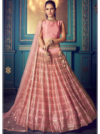 Women's  Pink Heavy Embroidered Net Lehenga