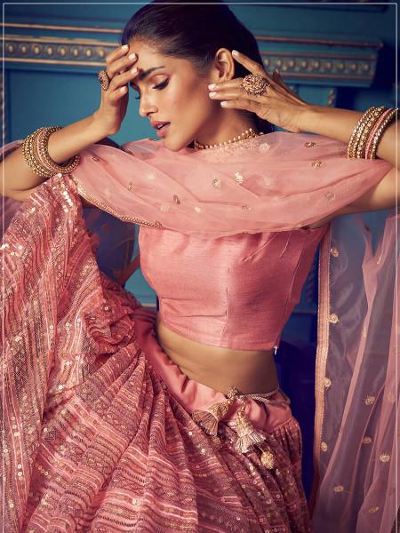 Women's  Pink Heavy Embroidered Net Lehenga