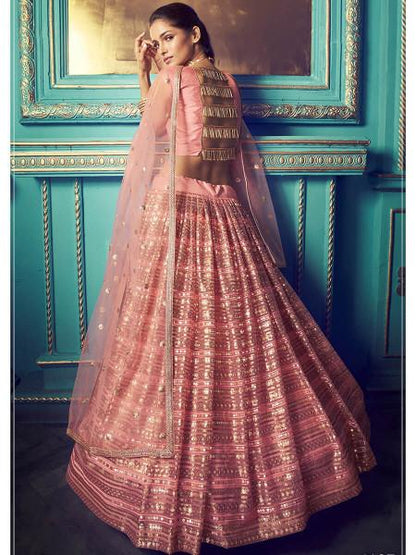 Women's  Pink Heavy Embroidered Net Lehenga