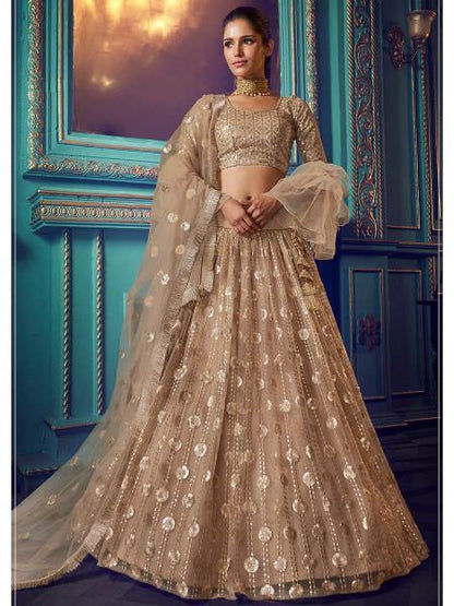 Women's  Beige Heavy Embroidered Net Lehenga