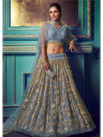 Women's  Grey Heavy Embroidered Net Lehenga