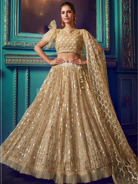 Women's  Dusky Beige Heavy Embroidered Net Lehenga