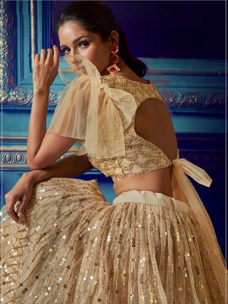 Women's  Dusky Beige Heavy Embroidered Net Lehenga