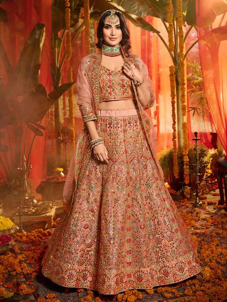 Women's  Peach And Pure Organza Embroidered Lehenga