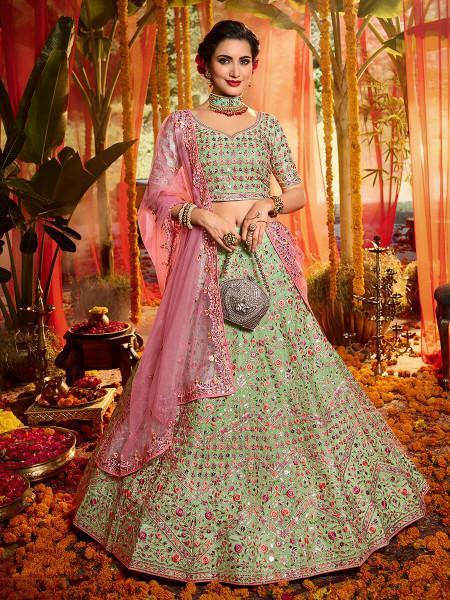 Women's Green And Pure Organza Embroidered Lehenga