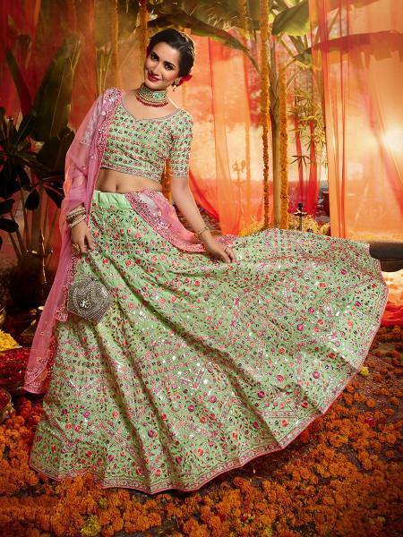 Women's Green And Pure Organza Embroidered Lehenga