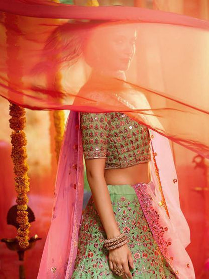 Women's Green And Pure Organza Embroidered Lehenga