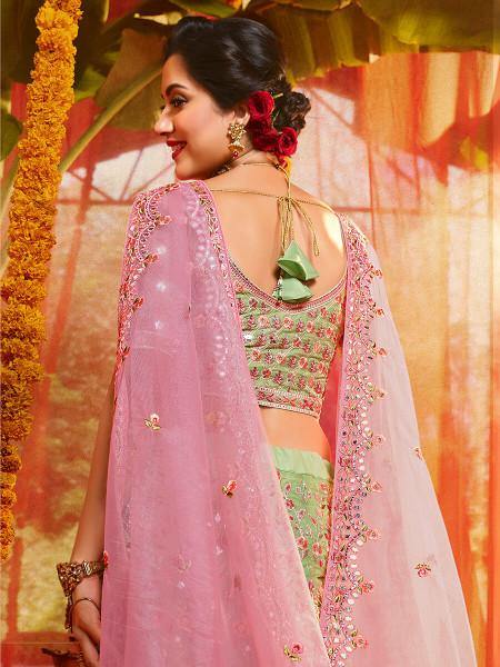 Women's Green And Pure Organza Embroidered Lehenga