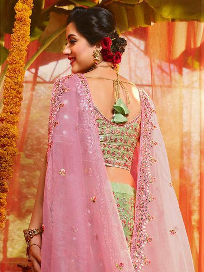 Women's Green And Pure Organza Embroidered Lehenga