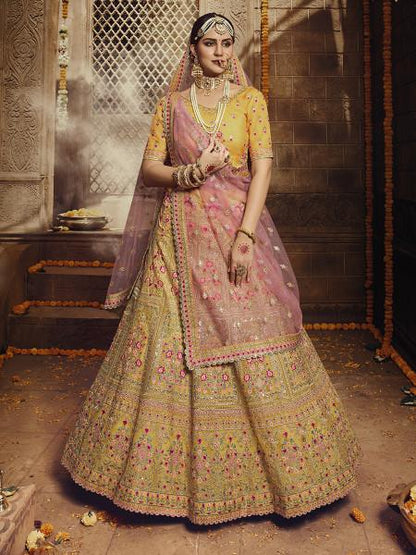 Women's  Yellow Heavy Embroidered Organza Lehenga