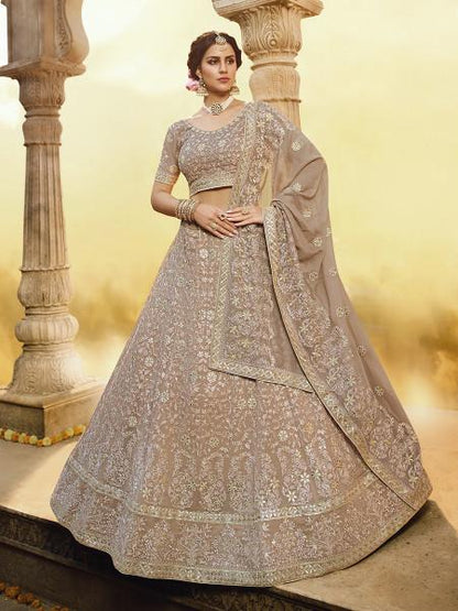 Women's  Light Brown Heavy Embroidered Georgette Lehenga